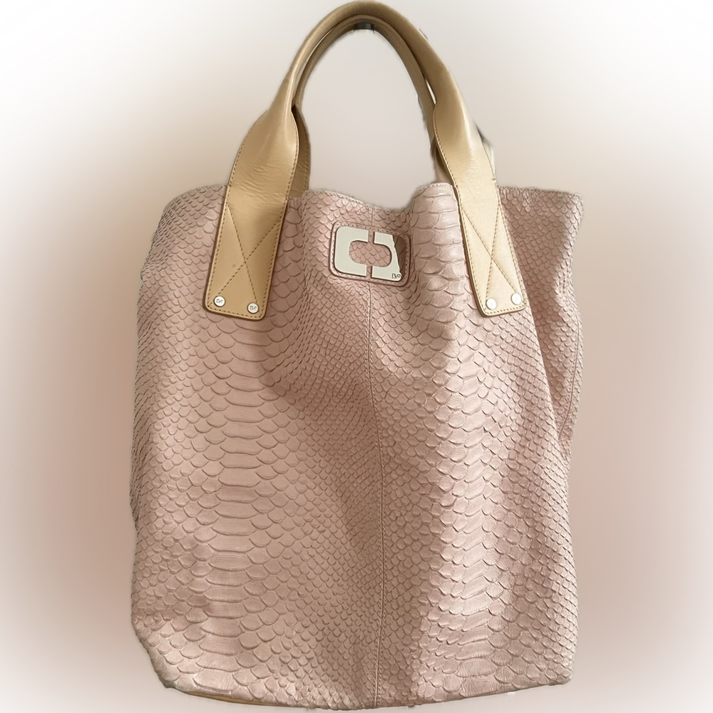 DVF Croc Embossed Pink and Tan Tote Bag Handbag